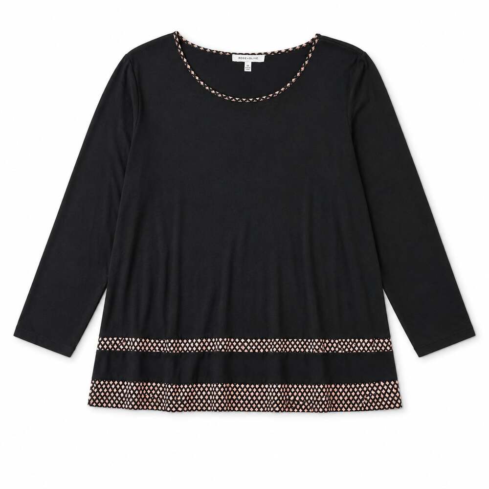 Rose + Olive Women's Long Sleeve Black Tunic with Geometric Border Trim